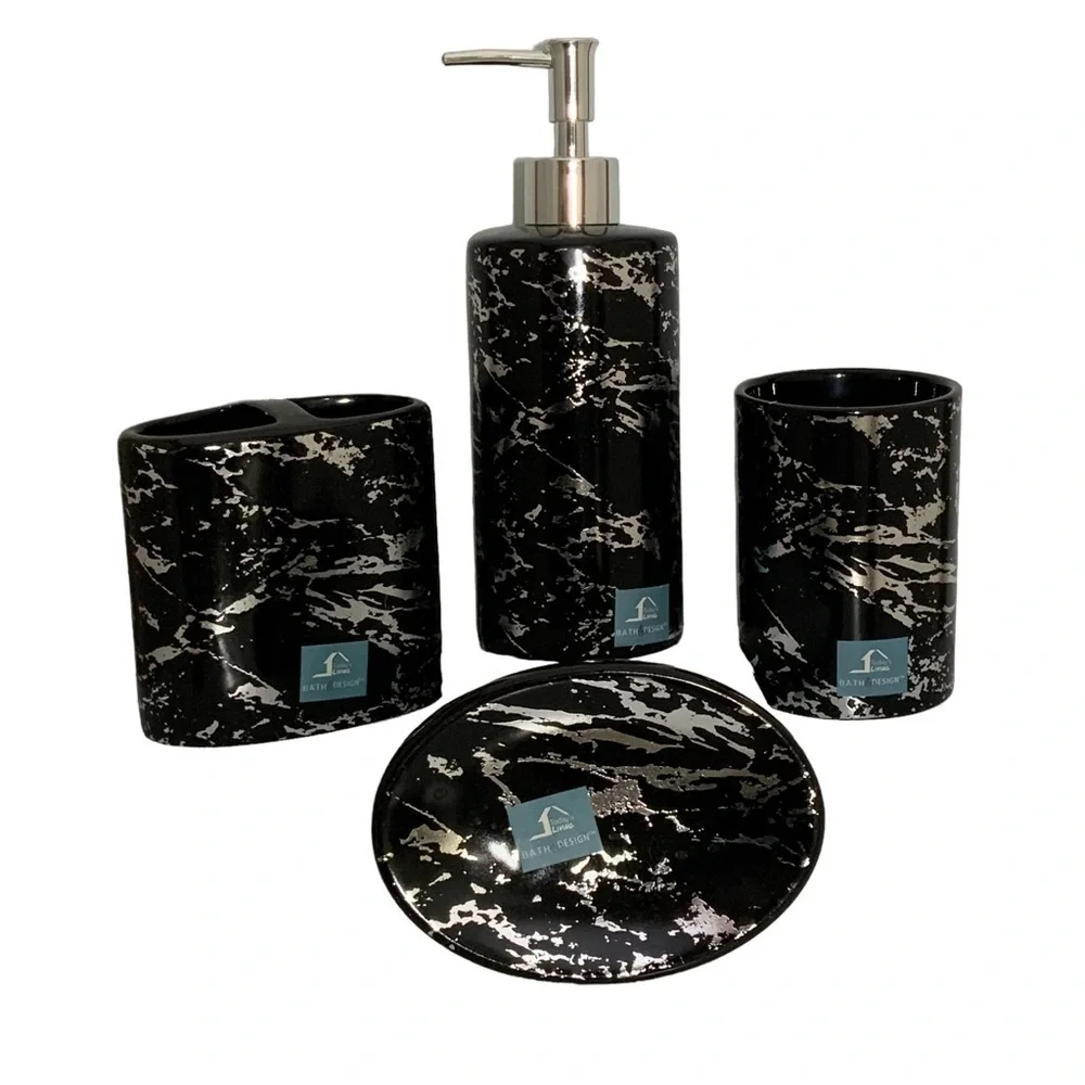 Today’s Living Black Marble Metallic Bath Accessory Set Ceramic 4 Piece Set